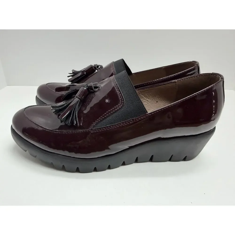 Wondersfly Women’s Patent Leather Burgundy Wedge Loafers with Tassels Size 40/9